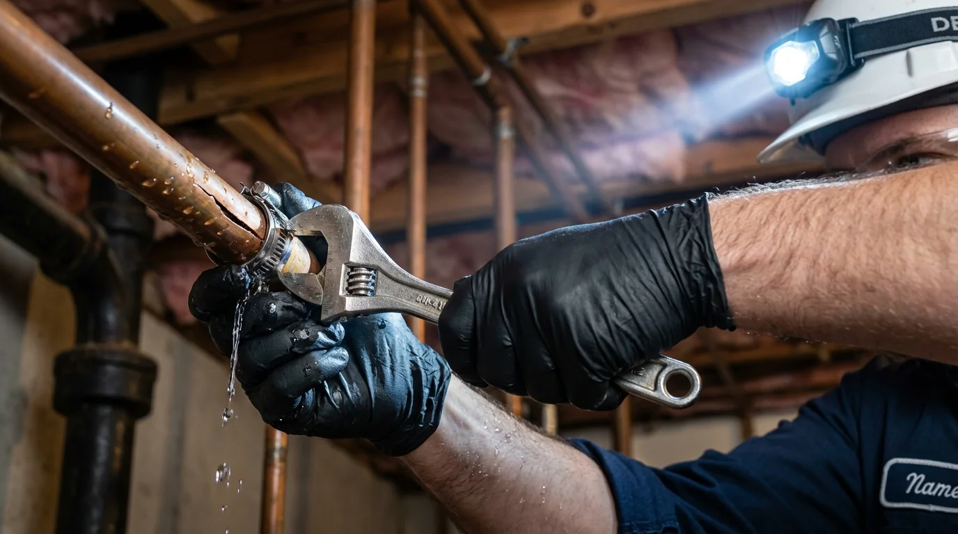 Emergency pipe clamp repair being performed by a Johns Plumbing LLC plumber in Gaithersburg